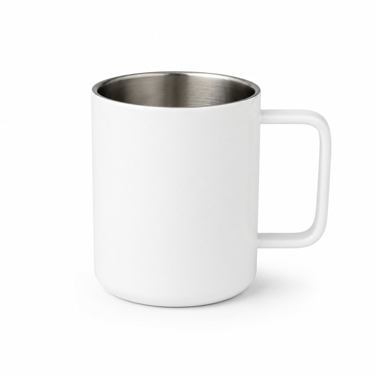A white insulated mug with a stainless steel interior and a square handle, shown on a clean white background.