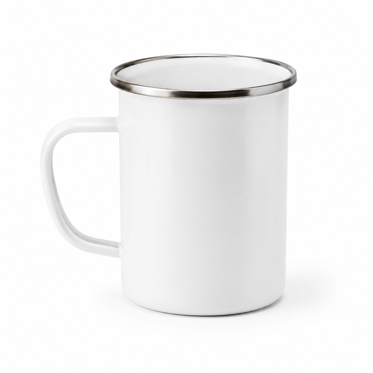A classic white enamel camp mug with a silver metal rim and a curved handle, shown on a clean white background.