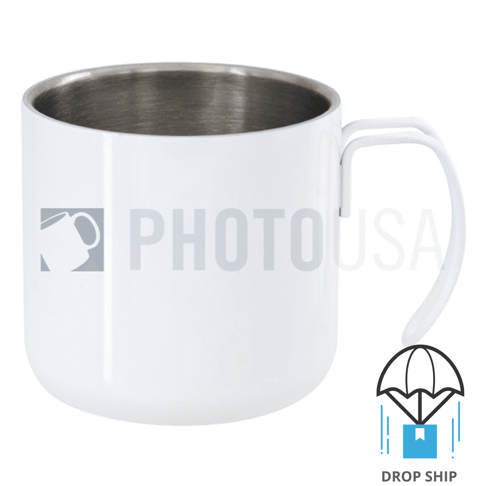 10oz Stainless Steel Coffee Cup w/ Steel Wire Handle - White