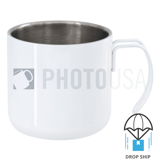 10oz Stainless Steel Coffee Cup w/ Steel Wire Handle - White
