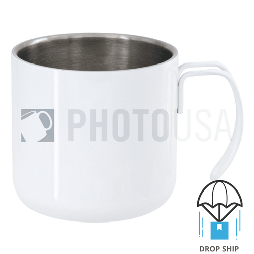 10oz Stainless Steel Coffee Cup w/ Steel Wire Handle - White